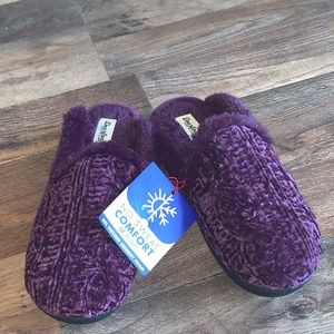 Dearfoams “Claire” NWT cable knit chenille purple fur trim lined shoes clogs 5-6
